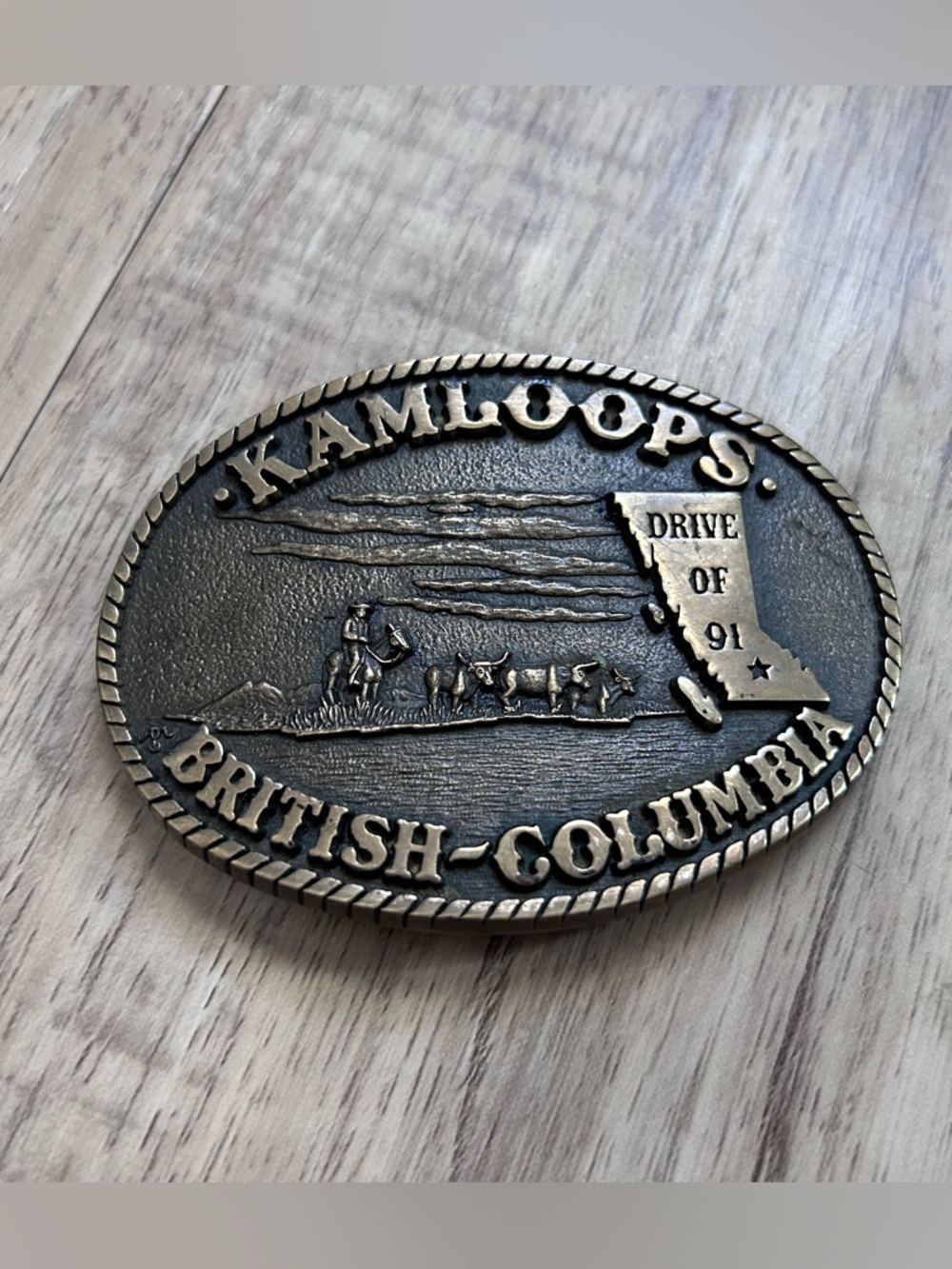 Vintage solid brass Kamloops British-Columbia cattle drive 91 Belt Buckle cowboy